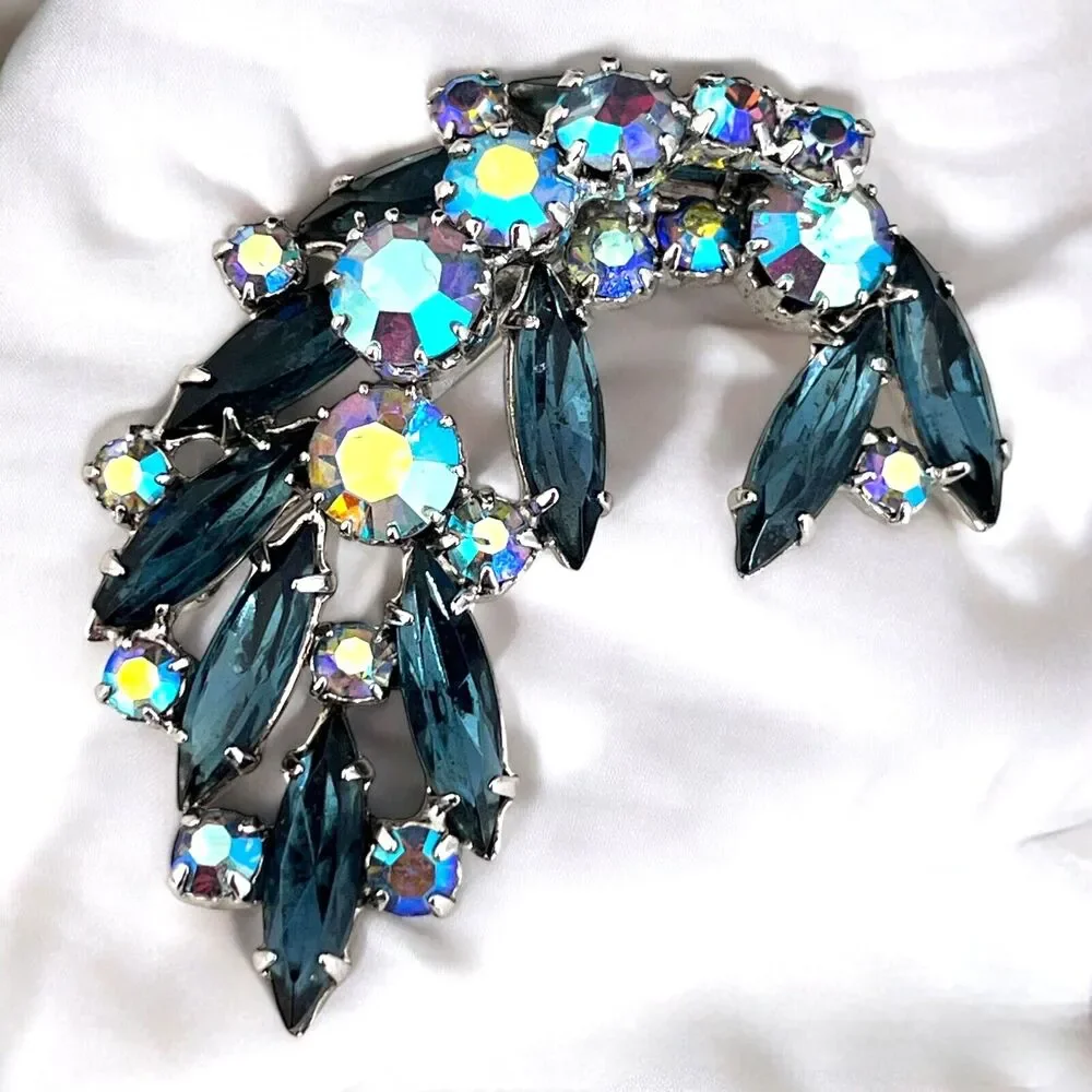 Vintage 1960s Rhinestone Brooch Blue Navette Aurora Borealis Silver Tone Pin- 8T
